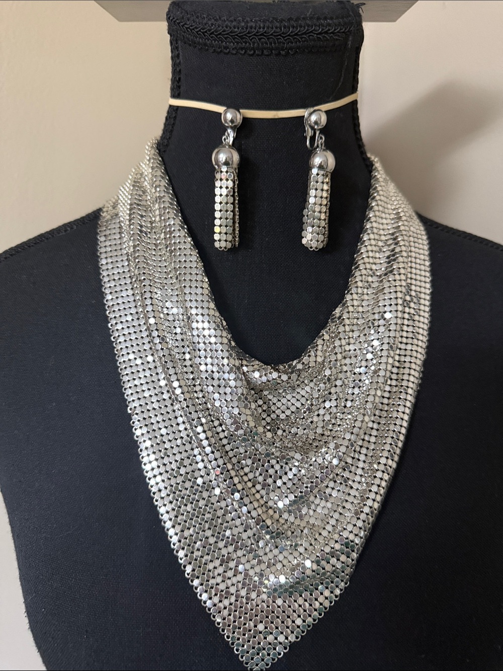 Vintage Whiting & Davis Shiny Silver Mesh-Mates Bib Necklace with Drop Earrings